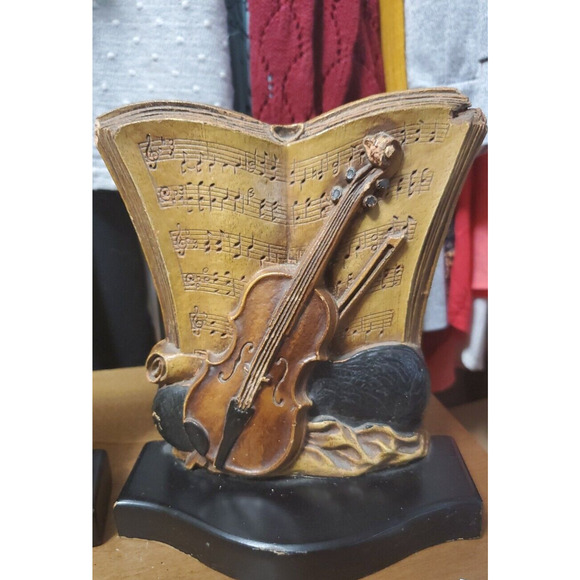 Vintage Set of 2 Syroco Wood Violin Music Sheets Bookends Syracuse Old Damage - Picture 9 of 15